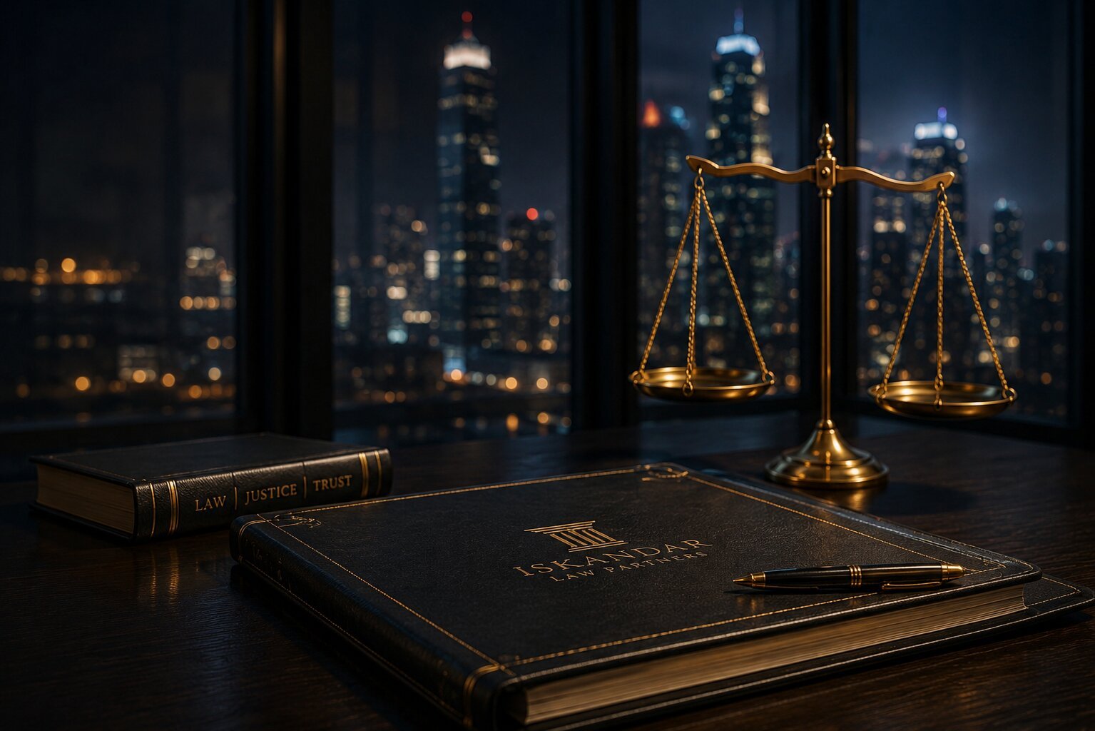 Legal desk with scales of justice and city view